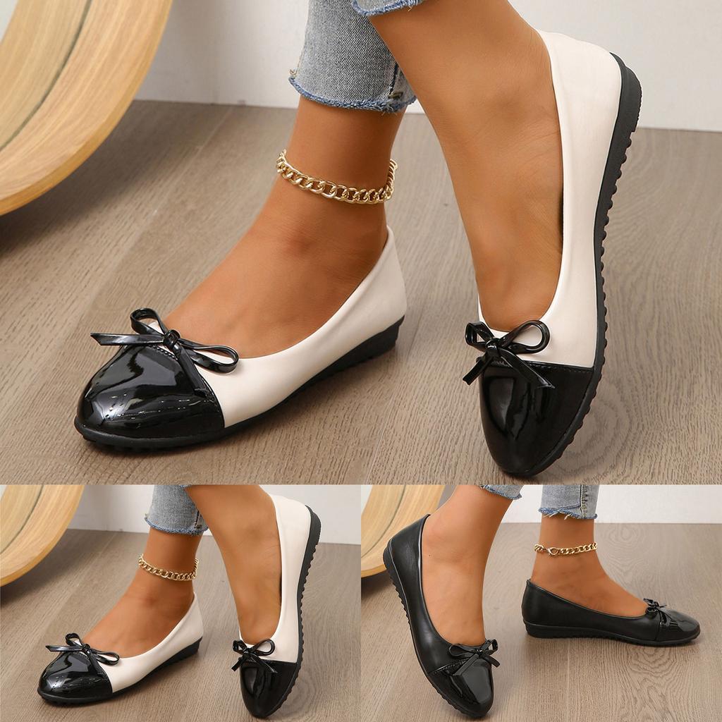 Ladies Fashion Color Matching Leather Bow Decoration Flat Ccasual Single Shoes Summer Formal Shoes Women