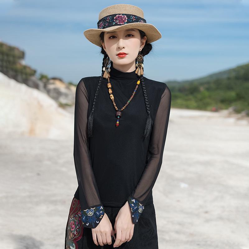 

Women s Retro Embroidered Long Sleeve Top with Semi-High Collar XXXL