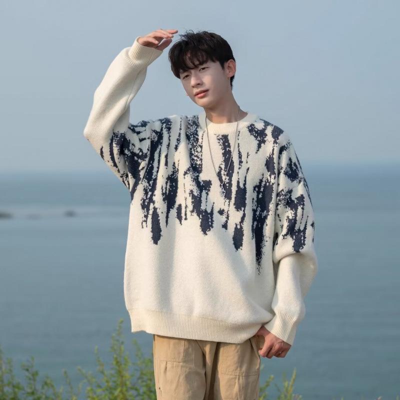 

American Style Cool Lazy Style Loose Knitted Top Autumn Winter New Arrival Fashion Temperament Tie Dye Sweater Men L білий