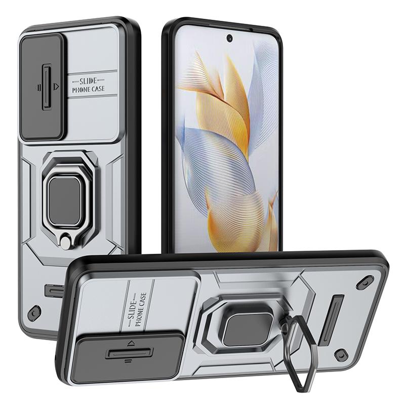 For Honor 90 Case PC+TPU Ring Kickstand Cellphone Cover with Slide Lens Guard
