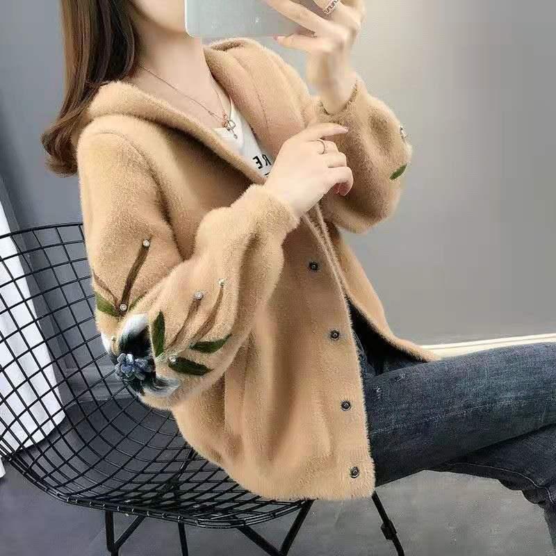 Wasserdichter Mantel mit Kapuze aus Kunstnerz für Damen, locker gestricktes Cardigan-Oberteil für den Winter