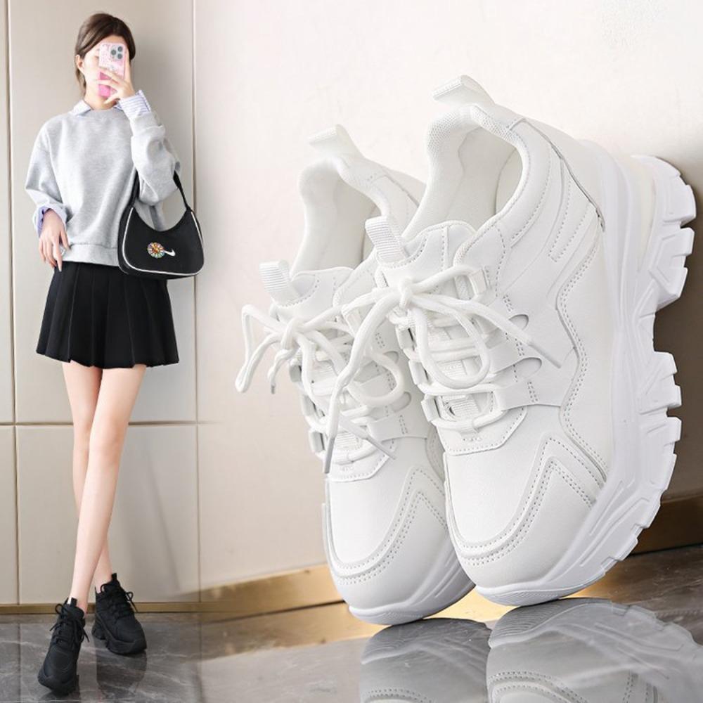 White Platform Women's Sneakers  Autumn Lace-Up Thick Bottom Sports Shoes Woman Pu Leather Breathable Walking Shoes Female