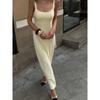 Summer New Knitted Square Neck Pleated Slip Dress, Casual Lazy Vacation Sundress for Women, European & American Style