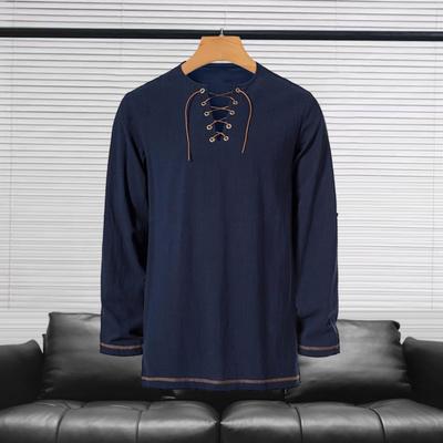 Men's Vintage Lace-Up T-Shirt Long Sleeve Henry Collar Top Spring Autumn Solid Color Tee Shirt for Daily Wear Performances Cosplay