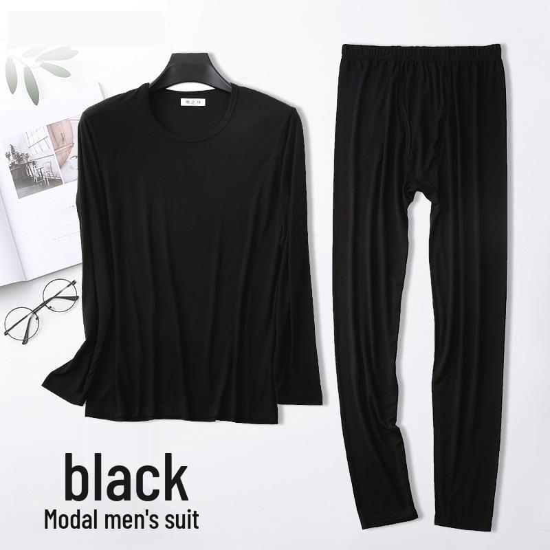 Men's Plus Size Modal Thermal Underwear: Thin, High-Elasticity Round Neck Shirt & Pants Set