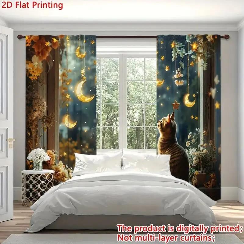 Floral Moon Cat Printed Curtain Window Drapes Bedroom Living Room Decor Polyester Set Of 2 Made With Rod Pocket Washable Great Ready