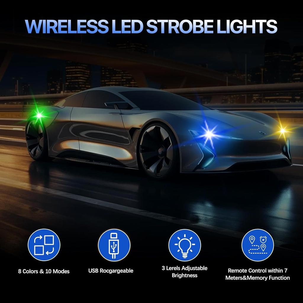 8PCS Wireless LED Lights For Car With Remote Control, High Brightness Wireless LED Strobe Light 8 Colors USB Charge IP65 Waterproof Anti-Collision
