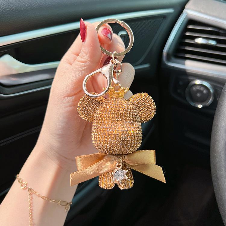 Stylish Diamond Crown Bear Keychain with Ribbon - Charming Doll Accessory and Elegant Gift