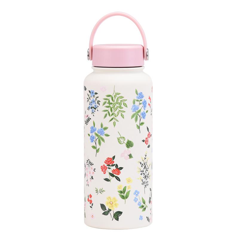 1L Thermos Cup Large Capacity Wide Mouth Portable Vacuum Sports Kettle Outdoor Printing Water Cup Female