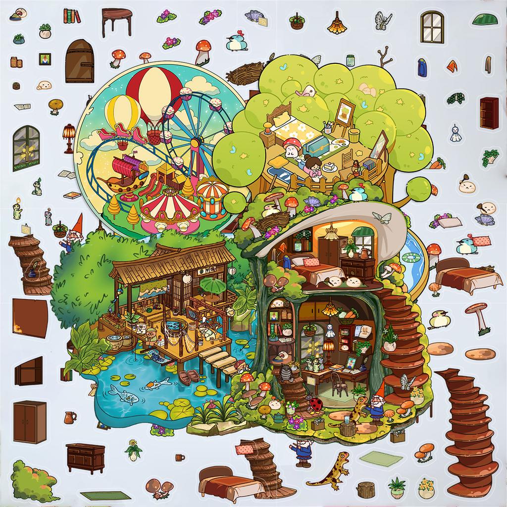 Cartoon Landscape Mushroom House Sticker Miniature World 3D House Unzip DIY Scene Manual Post