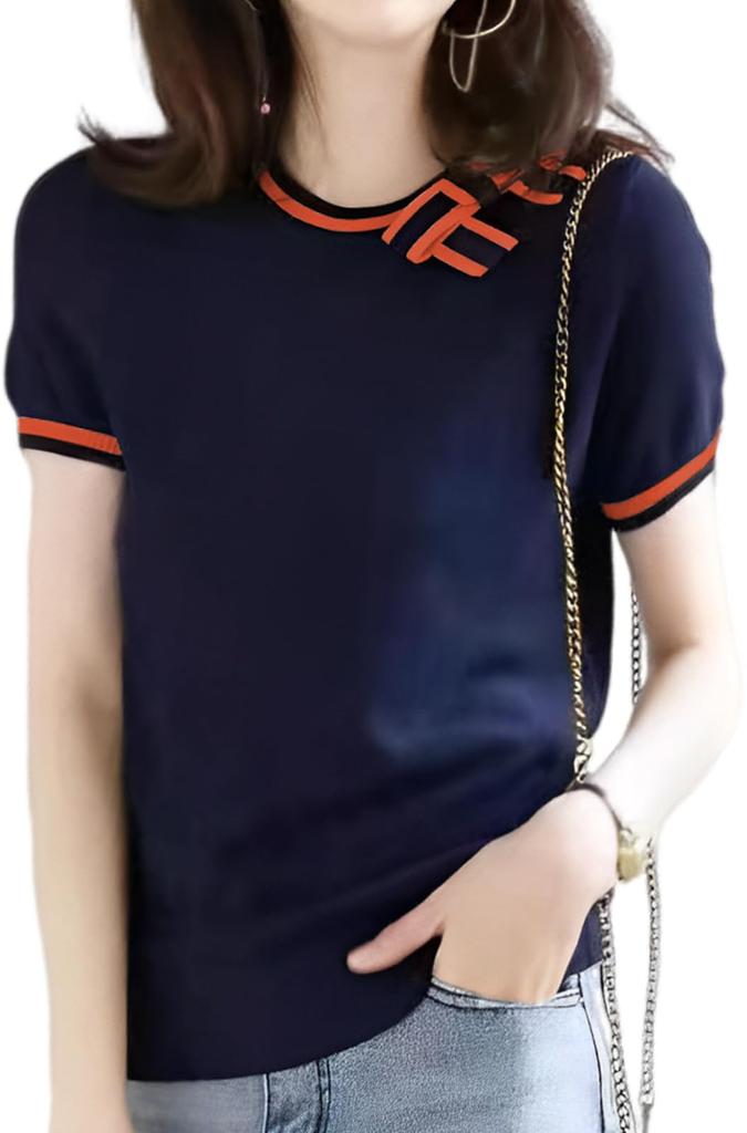 Knit Cut and Sew Ribbon Neck Plain Elegant Business Spring Summer Summer Knit Tops Loose Fit Thin Office Casual Adult Clean Office Casual Stylish