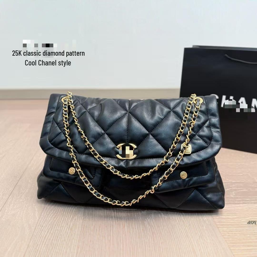 

Сумка-хобо в вінтажному стилі з подвійною кишенею та ланцюжком, 25k, козяча шкіра, велика місткість 40x25 cm чорний