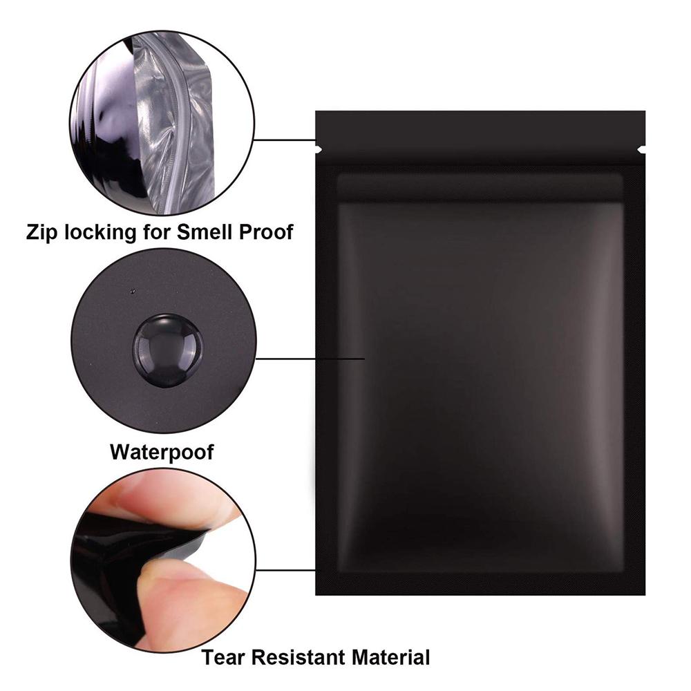 50PCS Resealable Coffee Herb Powder Zipper Pack Bag Smell Proof Flat Pouches Matte Black Small Aluminum Foil Zip Lock