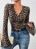 Euro-American Leopard Print Layered V-Neck Bell Sleeve Slim Fit Knitted T-Shirt for Women (2025 Collection)