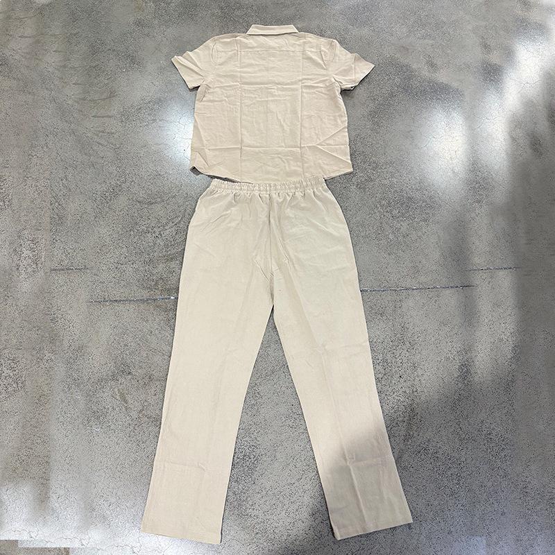 Men's European & American Linen Short Sleeve Shirt and Long Pants Set for Summer