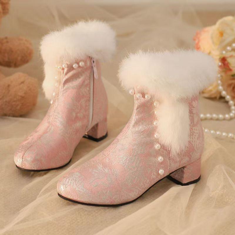Women's Winter Block Heel Ankle Hanfu Boots Ethnic Style Round Toe Silk Plush Warm Zippers Cheongsam Boots Horse-Face Skirt Boot