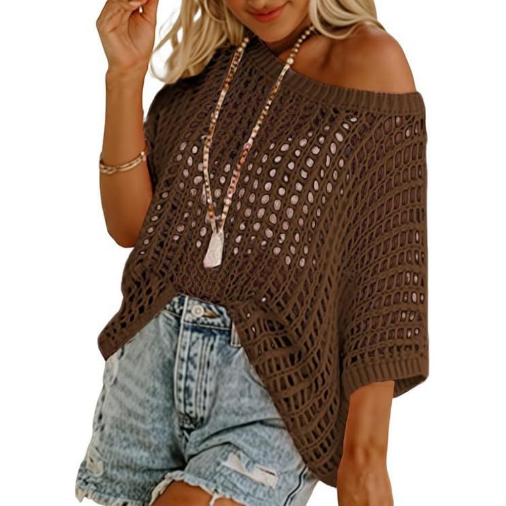 

Літній пуловер з рукавом п ять чвертей, сексуальний топ з вирізами та ажурним в язанням, пляжна туніка, в язаний светр для жінок XXL темно-коричневого кольору