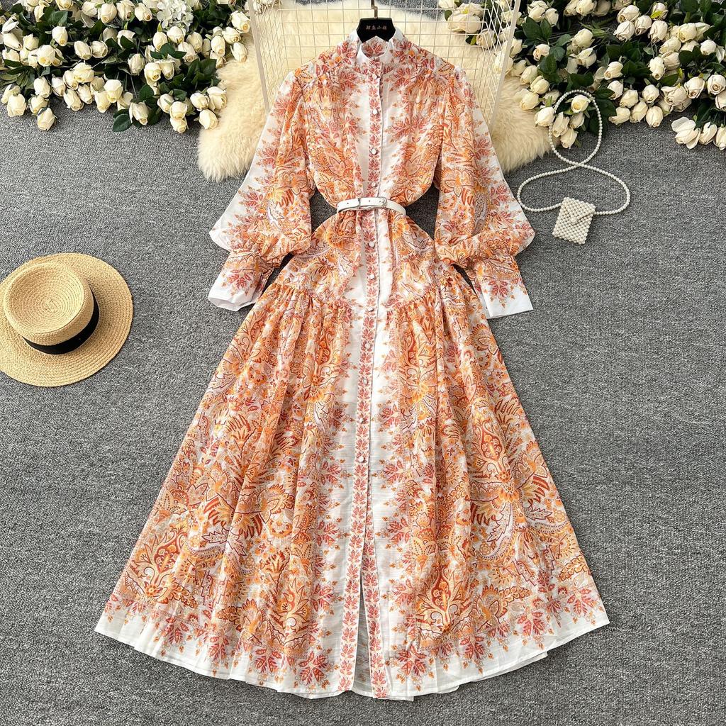 Early spring vacation wind stand-up collar lantern sleeve printed single-breasted waist dress women's pleated elegant long skirt