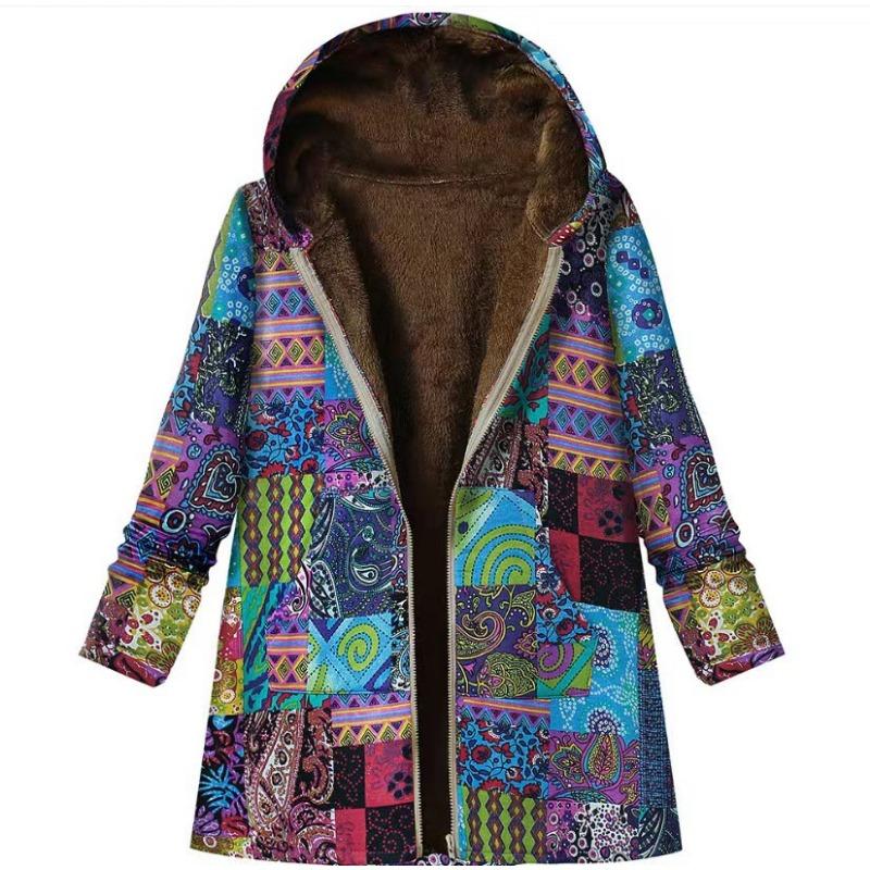 Women Casual Outwear Winter Warm Retro Printed Pockets Zipper Hooded Thicker Coat Plus Size