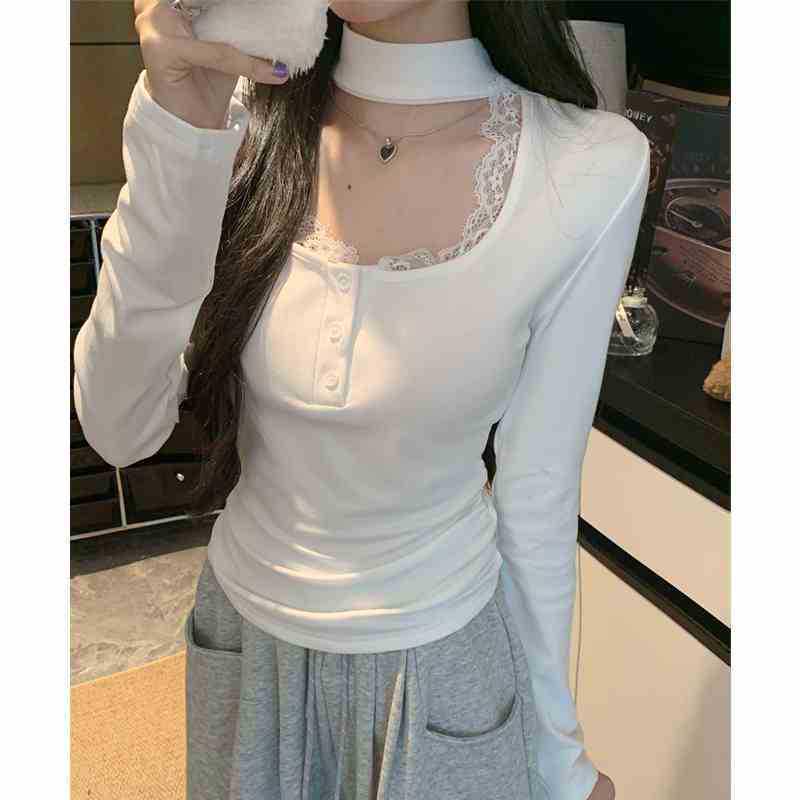 Pure Desire Lace Patchwork Square Neck Long Sleeve T-shirt for Women