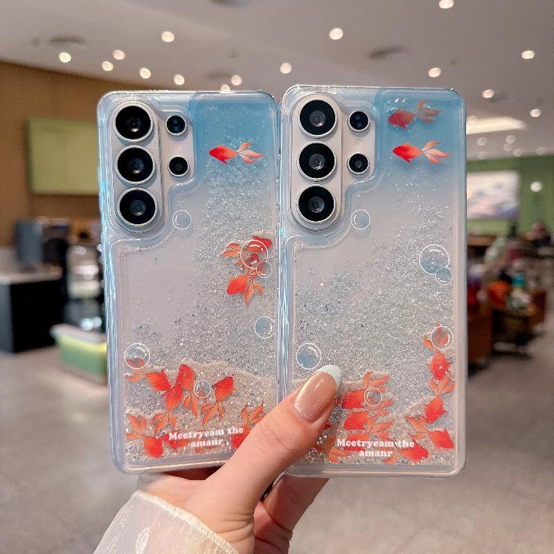 Für Samsung Galaxy S26 Ultra S25 Plus S24 Handyhülle 3D Goldfisch Bling Dynamisches Flüssig-Glitzer-Treibsand Klare Fließende Stoßfeste Rückseite