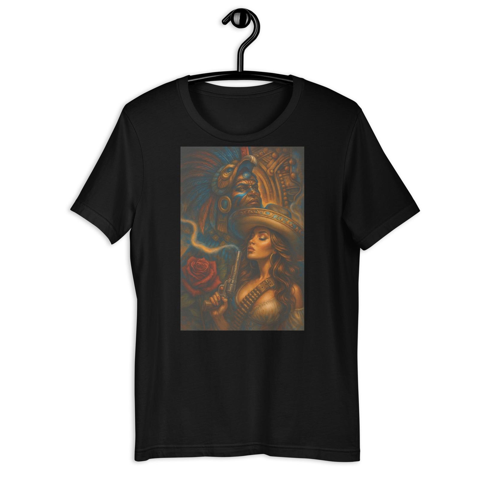 

Chicana Revolver Aztec Warrior Rose Mexican Culture Art T-Shirt 5XL різнокольоровий
