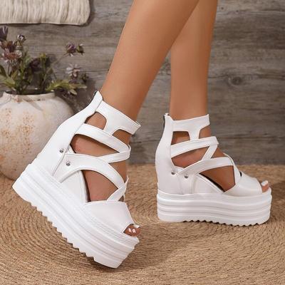 Sandali Zeppa Coperti Bianchi da Donna - Tacco Extra Alto 12cm, Open Toe con Design Intagliato, Finitura Lucida, Chiusura con Zip sul Retro per Uso Casual
