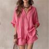 1116 New Summer Solid Color Women's Loose Breasted Shirt Shorts Fashion Casual Suit Large Size Shirt Suit