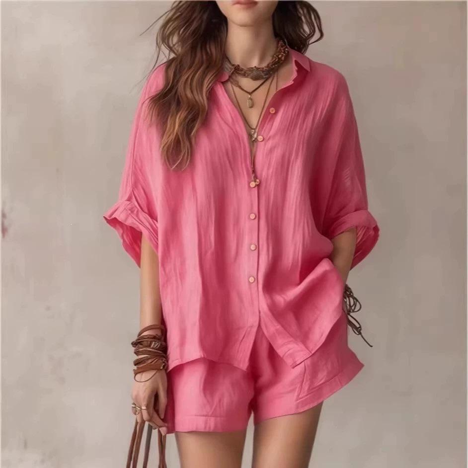 1116 New Summer Solid Color Women's Loose Breasted Shirt Shorts Fashion Casual Suit Large Size Shirt Suit