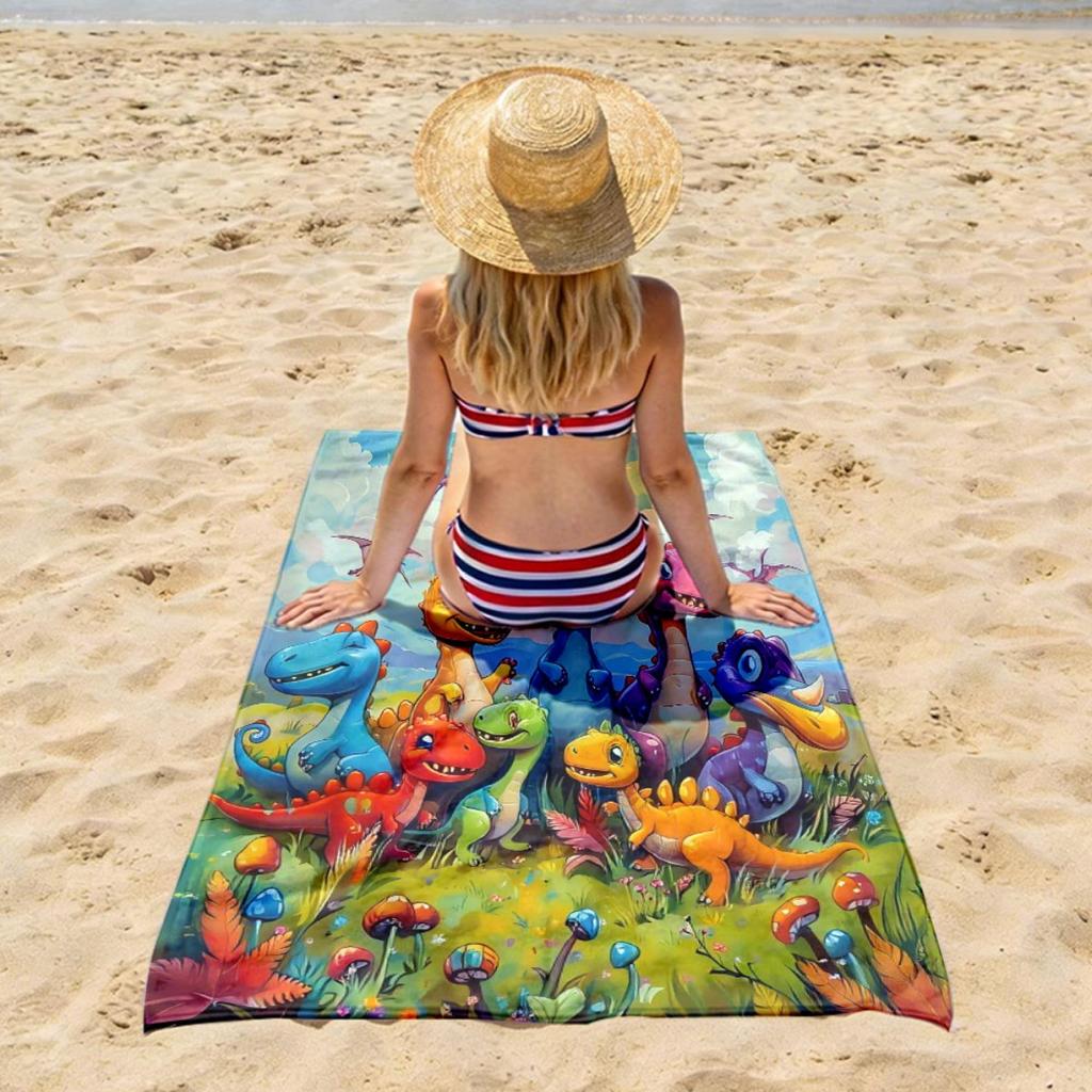 Cute Cartoon Dino Oversized Beach Towel Patterned Sunscreen And Windproof Suitable For Swimming Pool Camping Travel Blanket