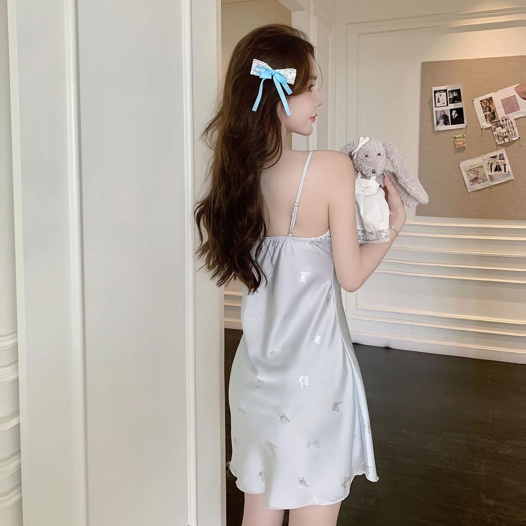 New sexy nightgown women's summer suspender ice silk pajamas ins print pure desire pajamas with chest pads