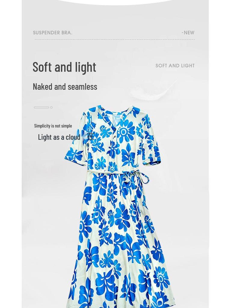 Guolian Floral V-Neck Slimming Long Dress - Mulberry Silk