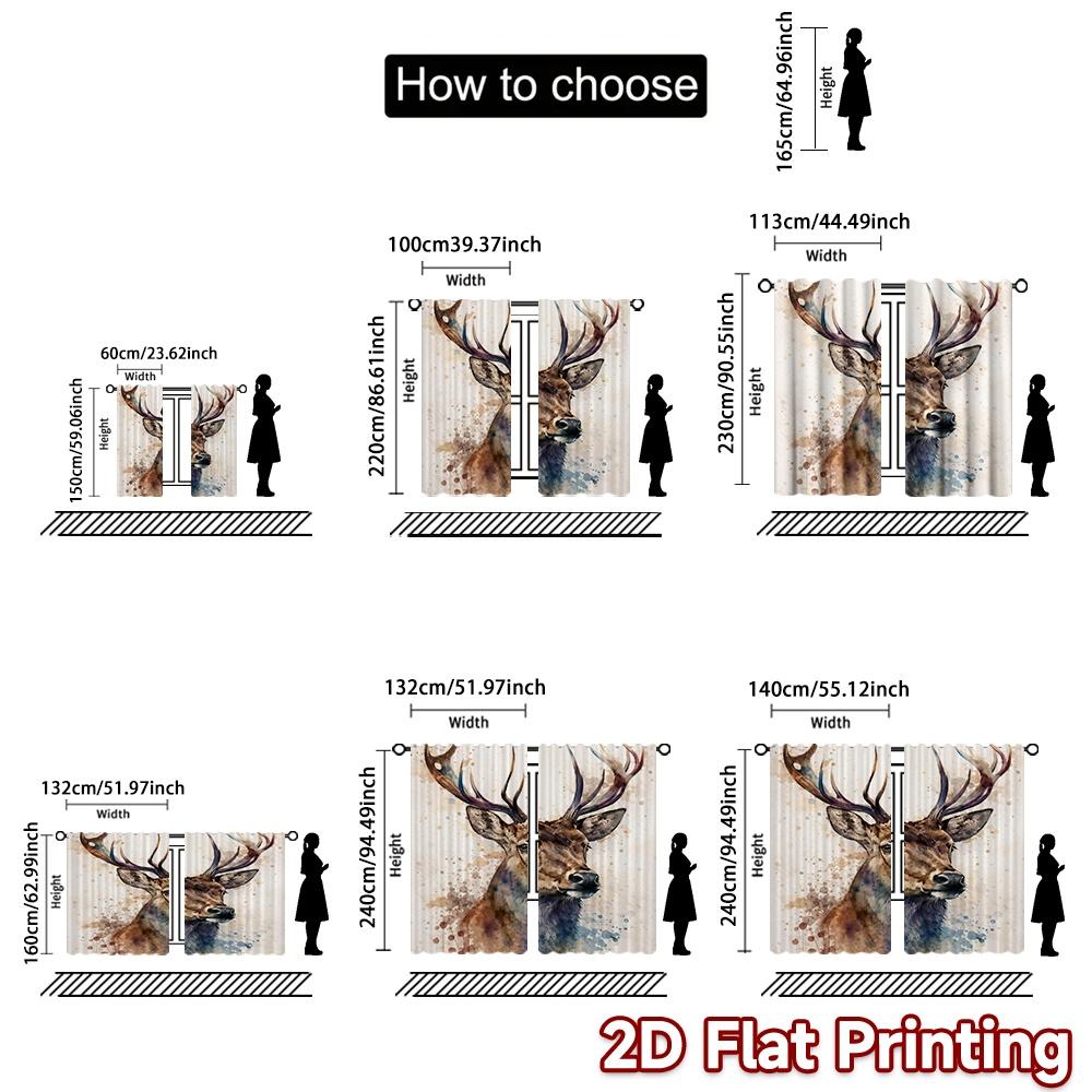 2D FLAT PRINTING 2pcs Curtains (Without Rod) Watercolor Majestic Deer Popular Minimalist Curtains Durable Polyester Curtains