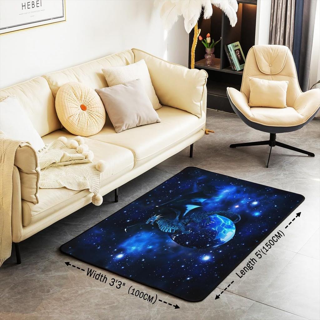 3D Dragon Galaxy Area Rug - Blue Outer Space Carpet for Bedroom & Living Room, Non-Slip Fleece Floor Mat, Fantasy Home Decor