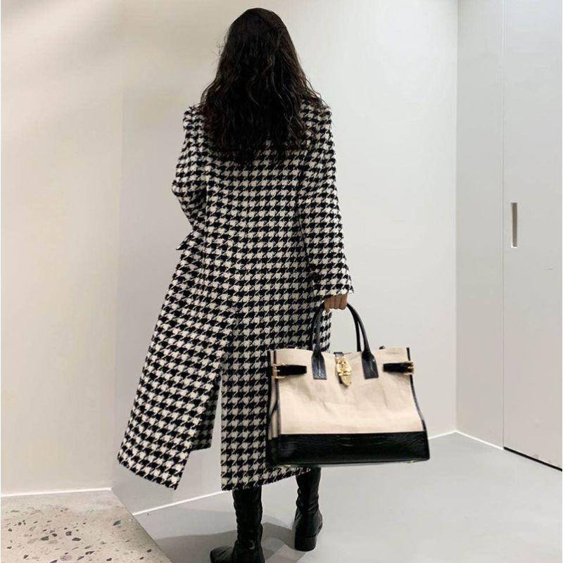 Women Autumn Winter Woolen Coat Women Double Breasted Coat Korean Houndstooth Mid-Length Woolen Coat Lady Winter Jacket