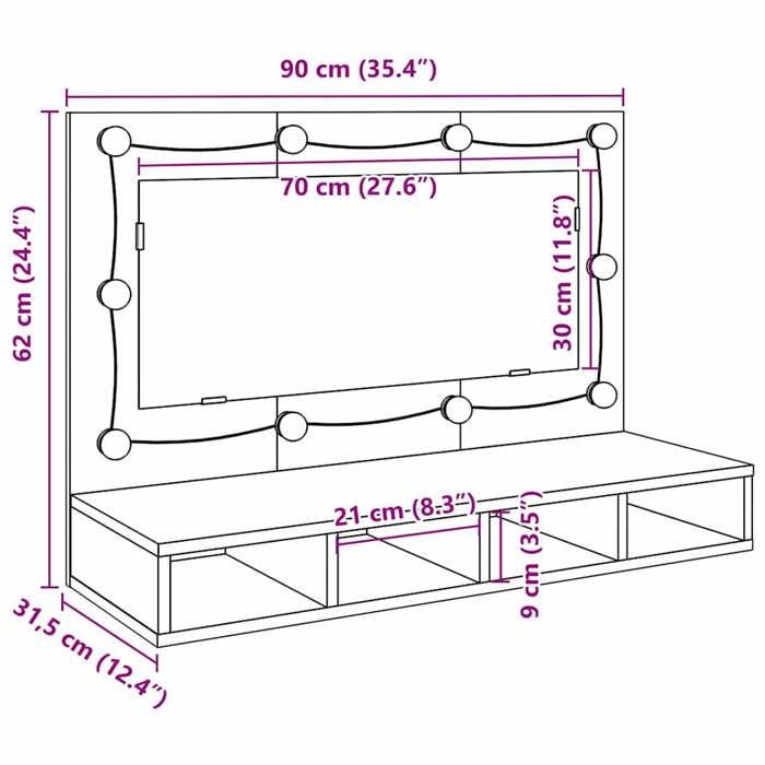 VidaXL Armoire à miroir avec LED vieux bois 90x31,5x62 cm, armoire à miroir à LED, armoire murale, miroir de maquillage, 857005