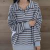 New Arrivals Open Run Women Loose Fit Stripe Collar Neck Cotton Blend Sweatshirt