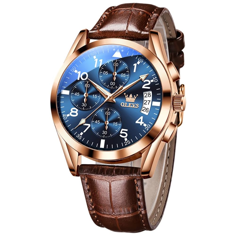 OLEVS Men s Analog Quartz Watch Waterproof Lightweight Brown Chronograph with Date and Day Display