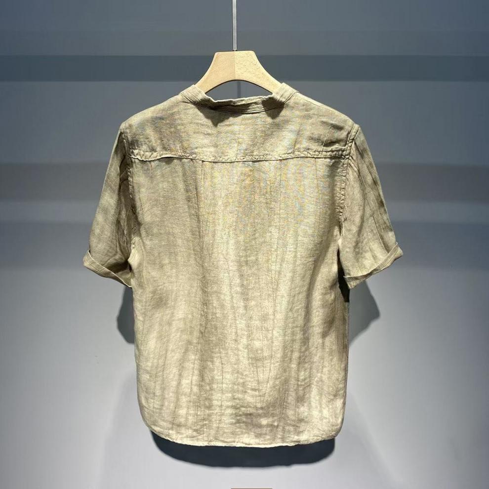 Men Linen Mandarin Collar Half Button Short Sleeve Shirt Casual Loose Breathable Summer Top
