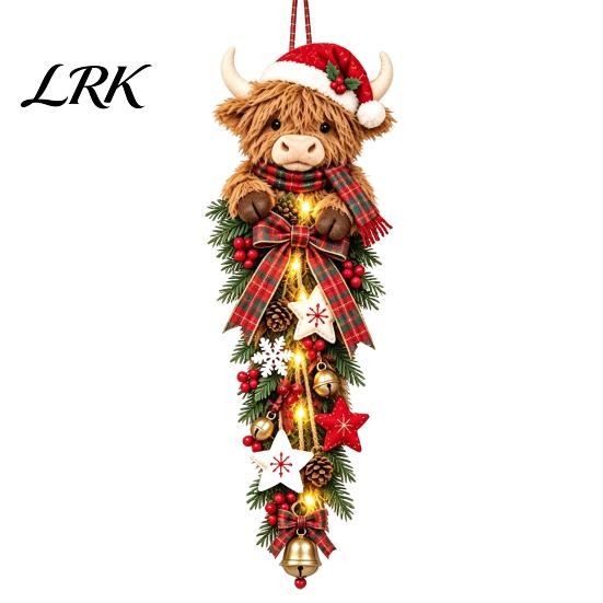 Feiertags-Karo-Band Türschild Beleuchteter Highland-Kuh-Weihnachtsschmuck, LED-Hängedekoration mit Veranda-Wandkunst und Beeren, Bauernhaus für den Eingangsbereich A brown