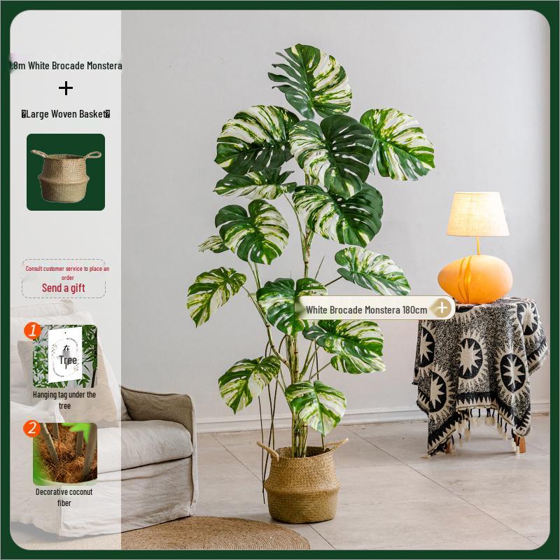White Variegated Monstera Faux Tree - Large, Potted, Light Luxury Decor for Living Room