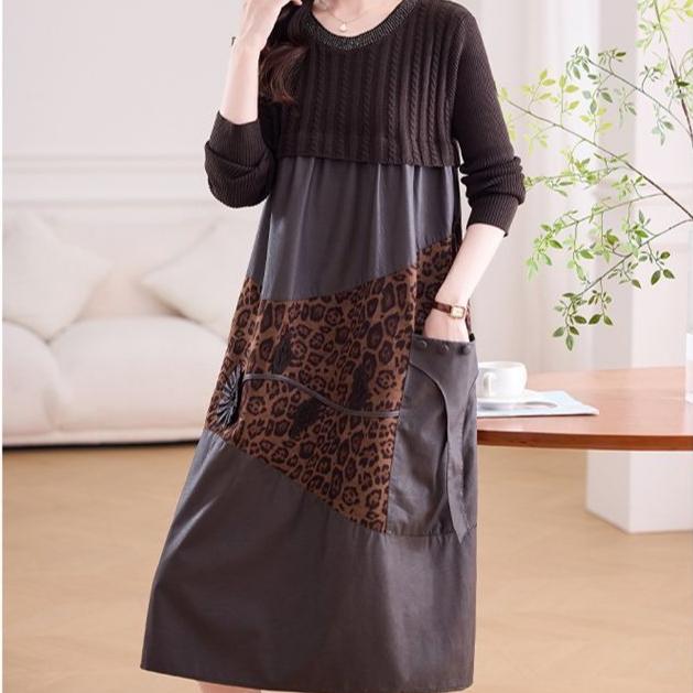 Women's long Sweater Dress Knitted Patchwork PU Leather A-Line Dress Plus Size Knitted Dress for Autumn and Winter ...