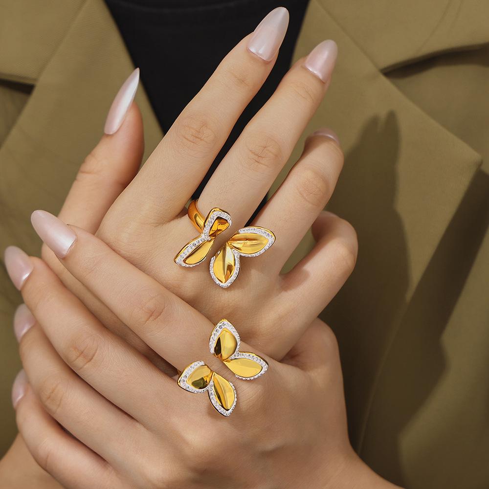 

Elegant Butterfly Flower Diamond Ring, Open Design, 18k Gold-Plated Titanium Steel Size 6