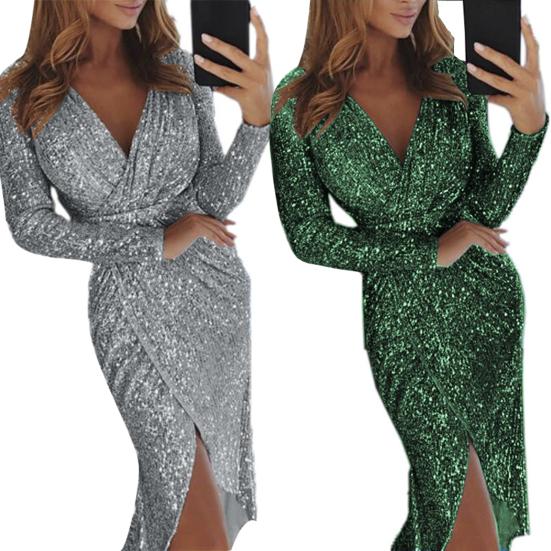 Abend Party Sexy Frauen Pailletten V-ausschnitt Langarm Split Midi Bleistift Kleid
