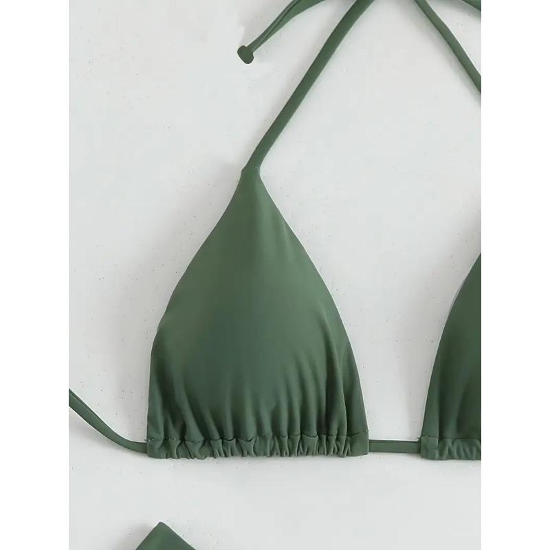 Olive Green Triangle Bikini Set Halter High Cut Cheeky Two Piece Swimsuit