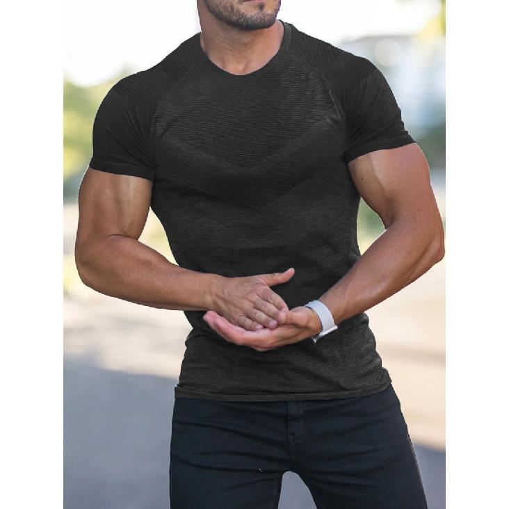 Men'S Fall Sports Fitness Casual Standing Collar Stretch Cationic Round Neck Short Sleeve T-Shirt Man