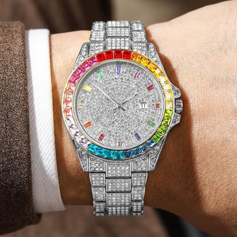 Luxury Gold Iced Out Men's Quartz Watch Rainbow Bezel Full Diamond Dial Hip Hop Bling Wristwatch for Men