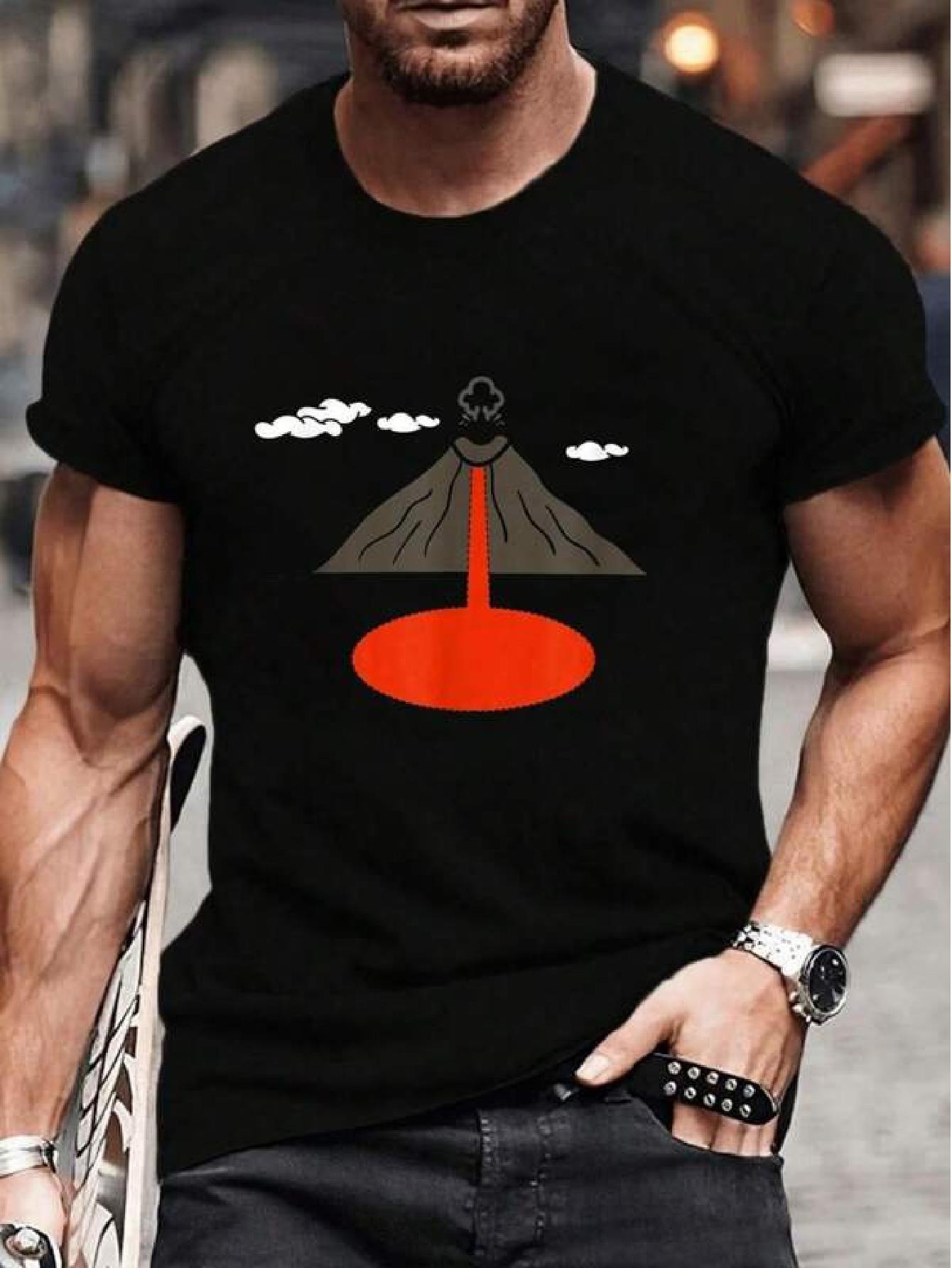 Volcano Magma Lover Apparel 100% Cotton Volcano Eruption Graphic T-shirt - Black with Red & Brown Print XXL