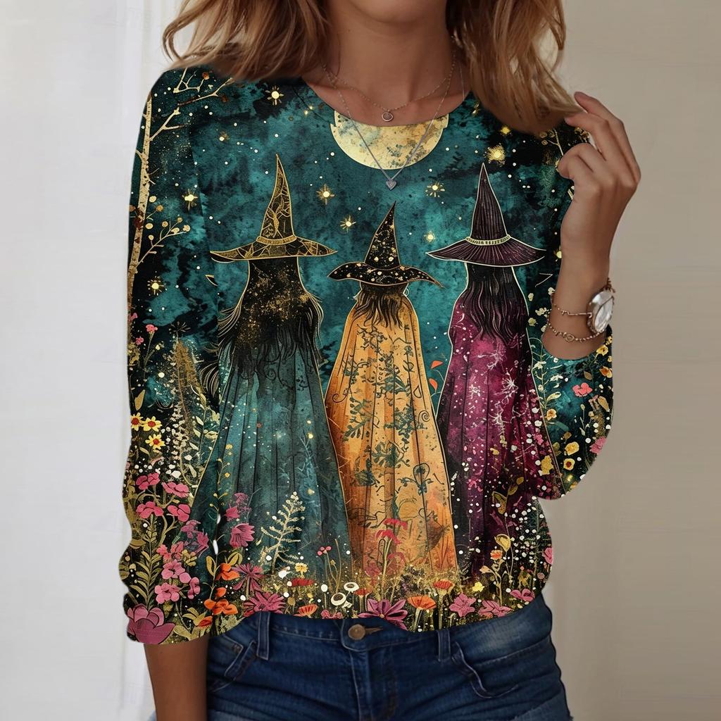 Women's Halloween Print Long Sleeve Neck Loose Fit Tunic Top for Fall Casual Outfits