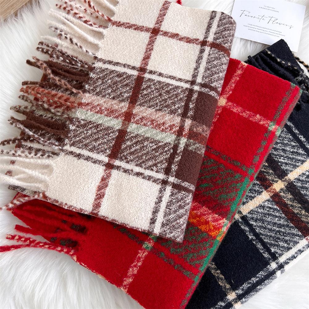 New Winter Plaid Scarf for Women Cashmere Warm Pashmina Female Thick Soft Bufanda Tassel Shawl Long Couple Scarves 30x180cm